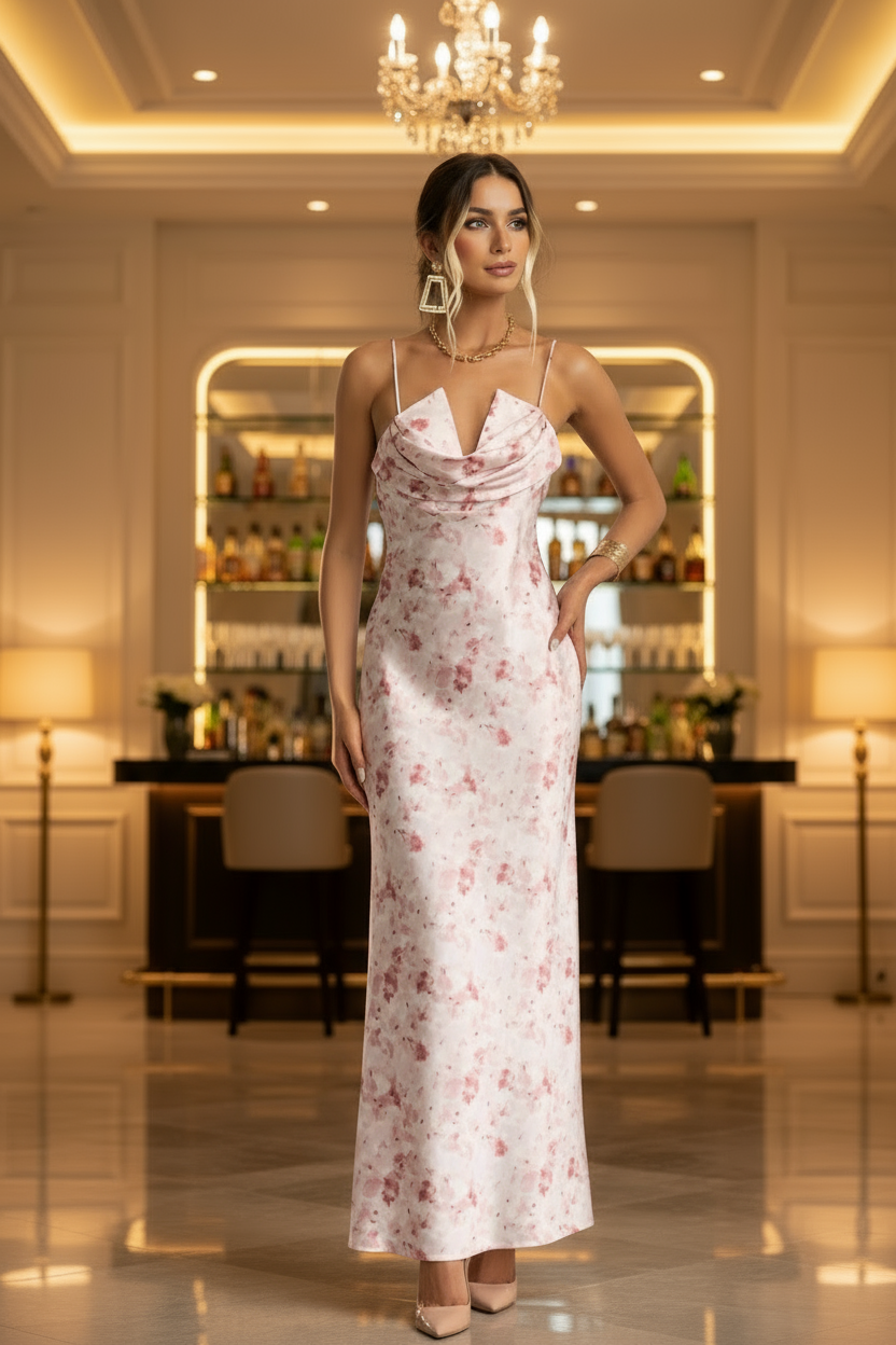 Woman in a floral dress standing in an elegant interior setting with chandelier and bar.
