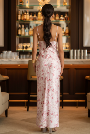 Woman in a floral dress standing in a bar setting