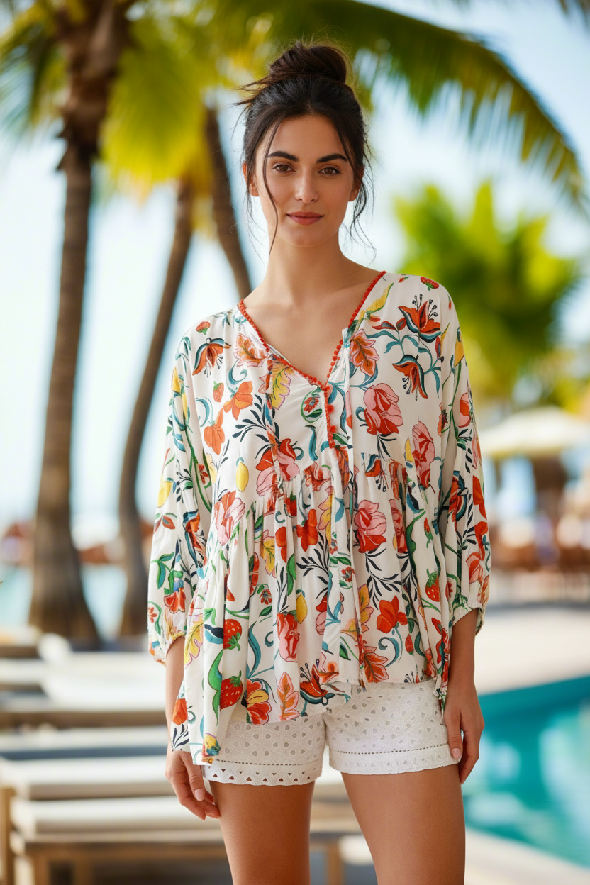 Woman wearing a floral blouse and white shorts by a pool with palm trees in the background