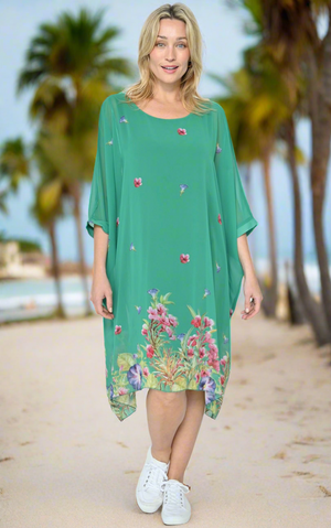 Chiffon Kaftan Dress in Green Floral