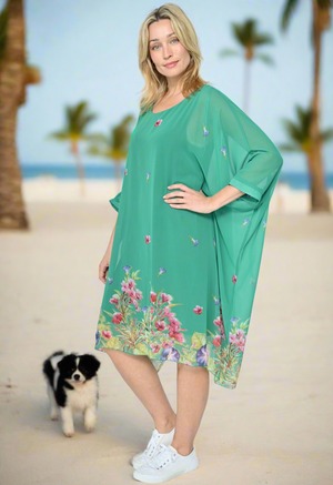 Chiffon Kaftan Dress in Green Floral