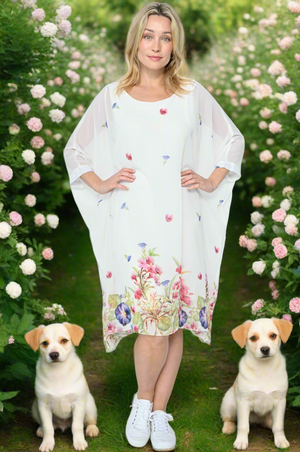 Chiffon Kaftan Dress in White Floral