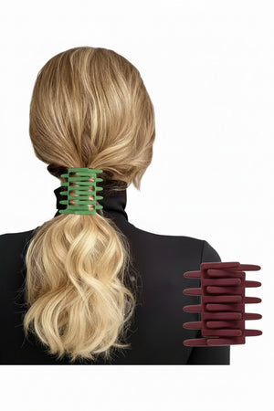Blonde hair styled with a hair clip, next to a set of additional hair clips Claw Combo Hair Pin