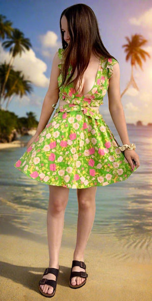 Cutout Mini Dress in Green Floral Print