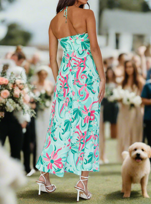 Halter-neck Cutout Formal Dress in Turquoise & Pink Print