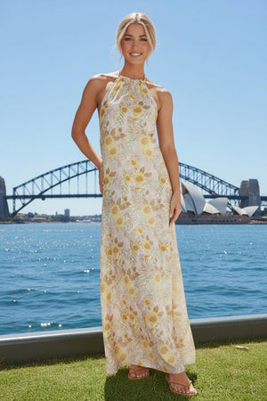Sunny Sunflower Halter-neck Maxi Dress