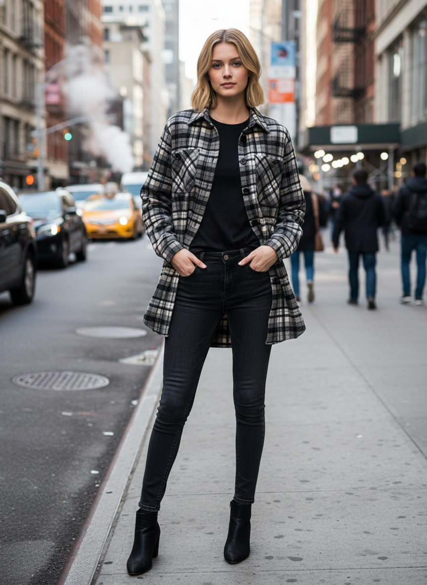 Shacket in Black Plaid