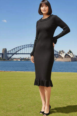 Ellie Ribbed Knit Ruffle Midi Dress