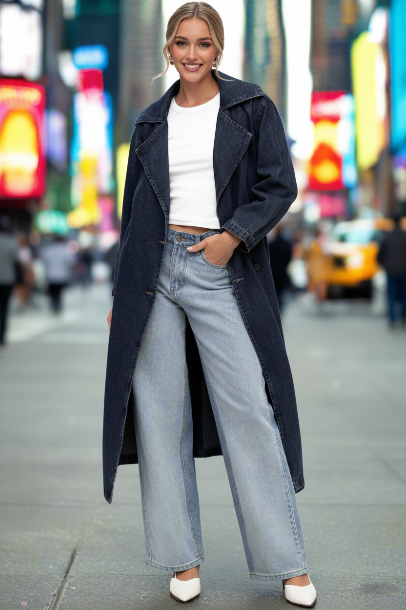 Woman wearing a long navy coat, white top, and light blue jeans in an urban setting.