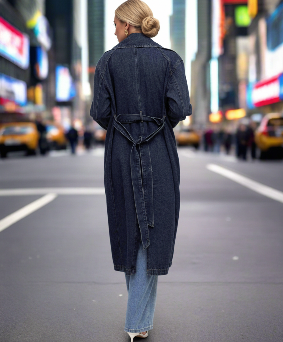 Person wearing a long denim coat walking on a city street with blurred background