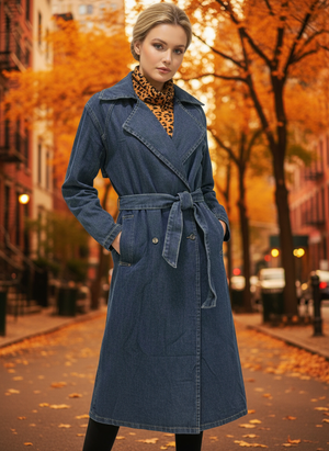 Denim trench coat on a woman with a blurred city street background