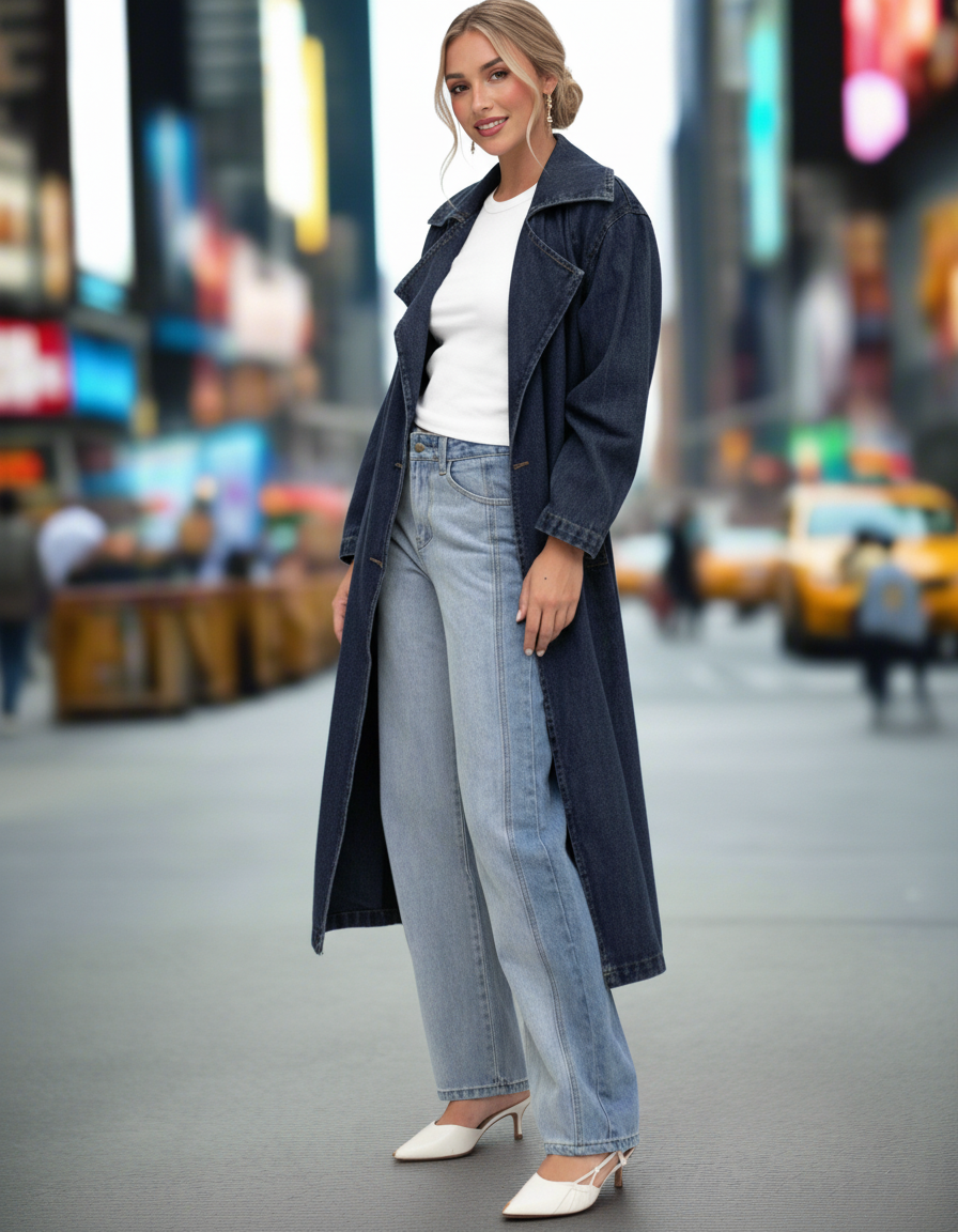 Woman wearing a long navy coat, white top, and light blue jeans in an urban setting.