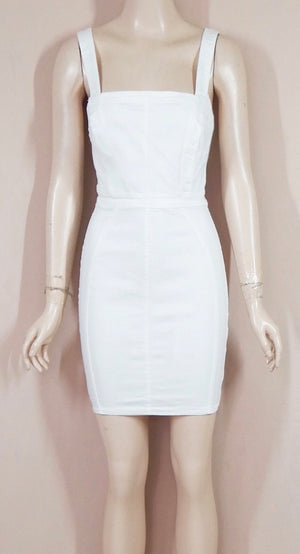 Cute Stretch Denim Overall Mini Dress in White