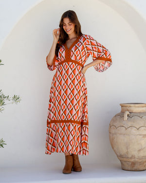 Kimono Sleeve Gypsy Maxi Dress in Geo Orange Print