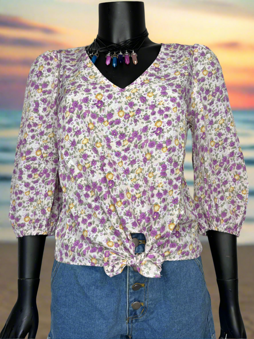 Tie Front Blouse in Lavender Floral Print