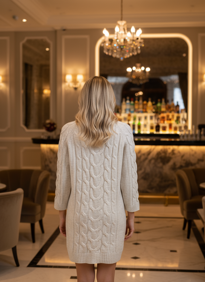 Long Sleeve Mini Sweater Dress in Beige