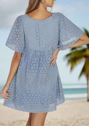 Short Sleeve Eyelet Baby Doll Dress in Steel Blue