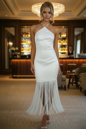 White halter neck dress with fringe detail in a restaurant setting