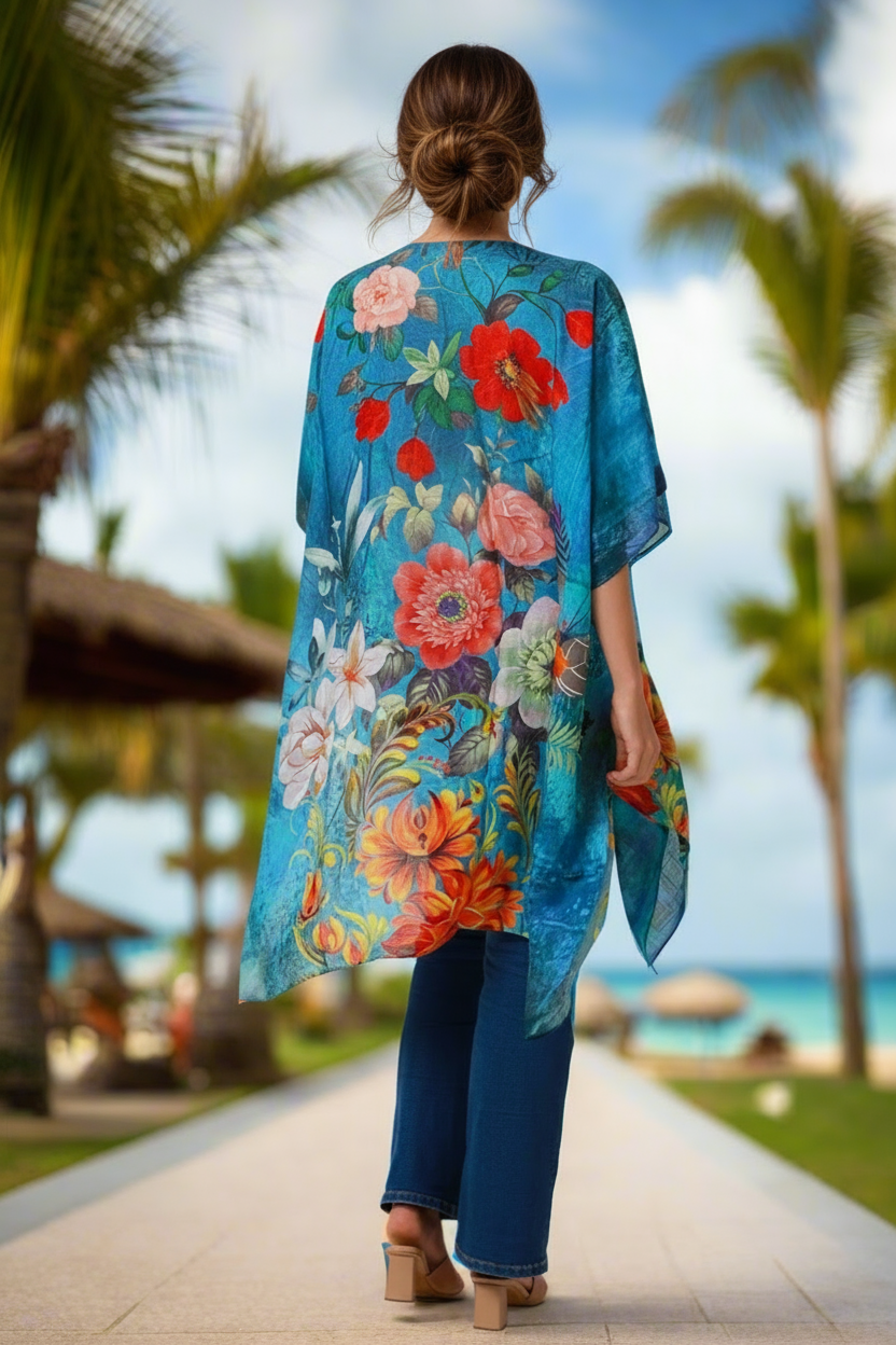 Woman in a colorful kimono-style garment standing outdoors with palm trees in the background