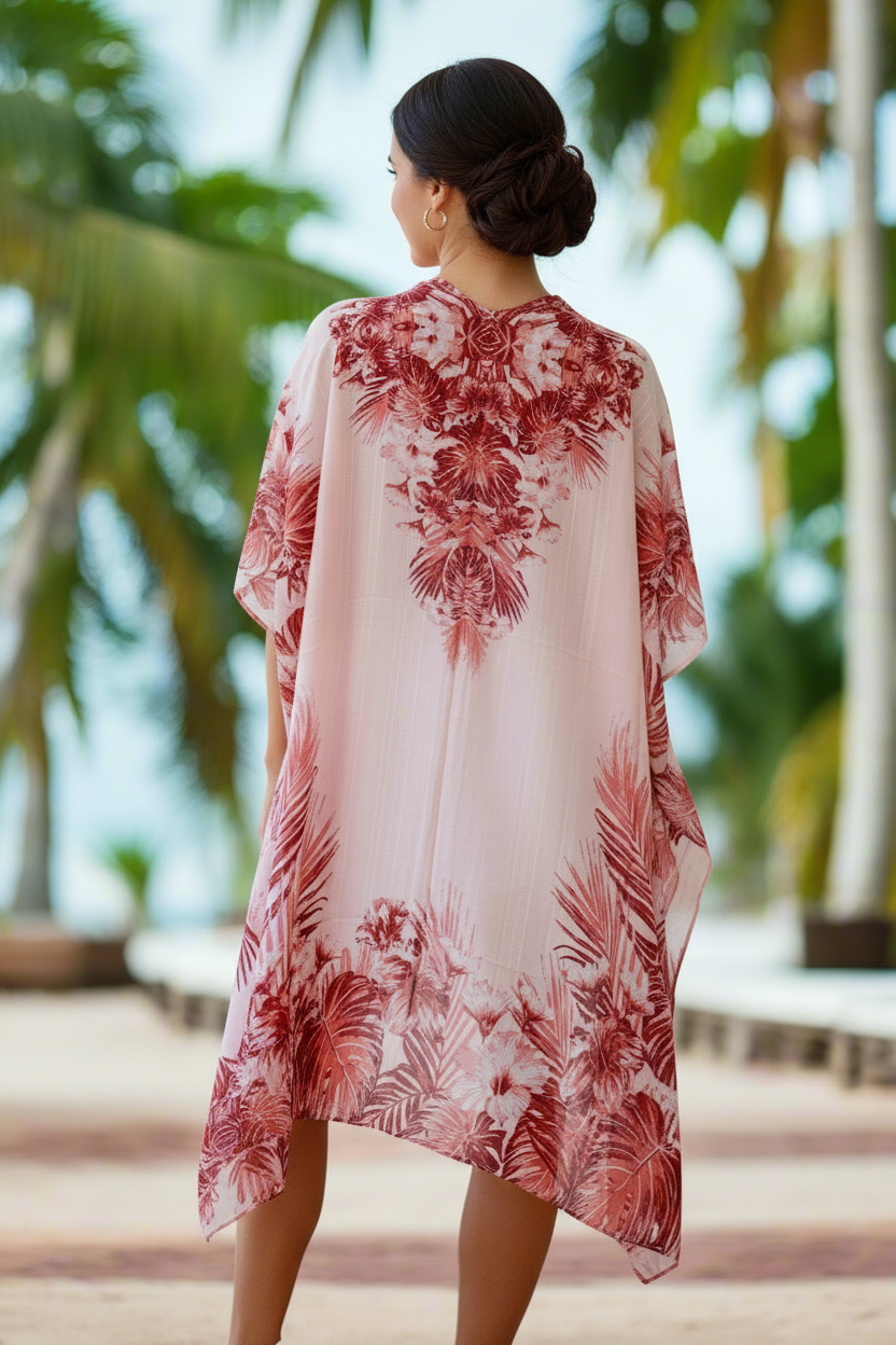 Woman wearing a floral kimono-style garment with palm trees in the background