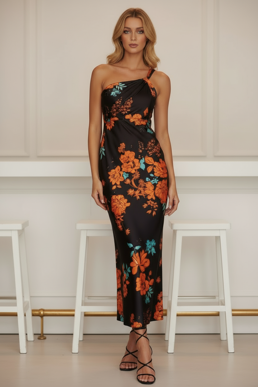 Woman wearing a black floral dress standing in a minimalistic room with white stools.