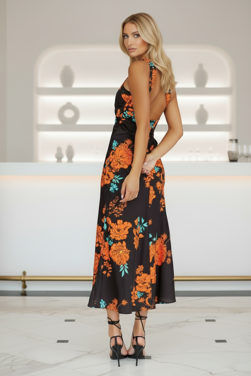 Woman wearing a black floral dress standing in a minimalistic room with white stools.