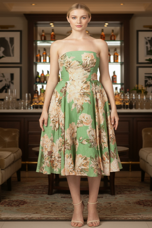 Woman wearing a green strapless midi floral dress in a bar setting