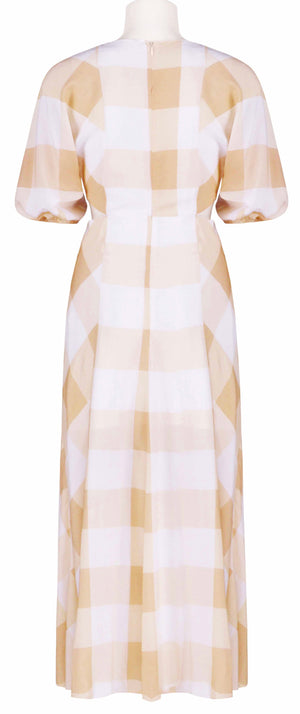 Short Sleeve Cutout Maxi Dress in Checked Beige