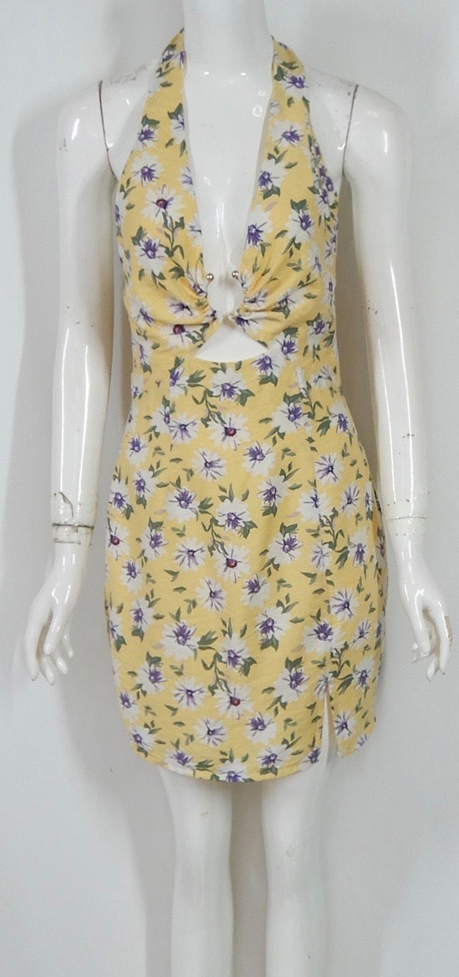 Halter Neck Mini Dress in Yellow Floral Print