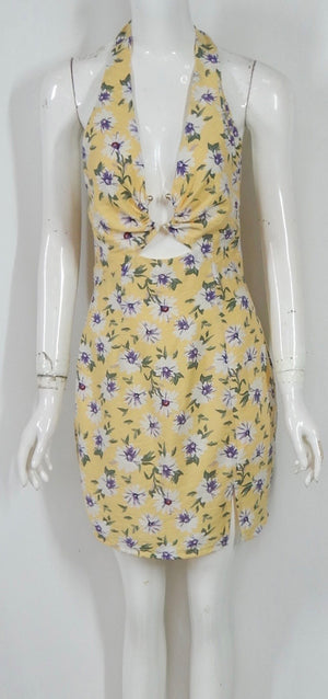 Halter Neck Mini Dress in Yellow Floral Print