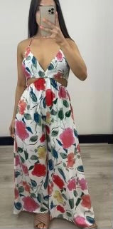 Halterneck Cutout Jumpsuit in Floral Print on White