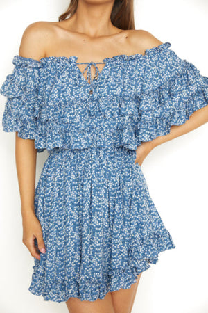 Ruffles On/Off Shoulder Dress in Blue Floral