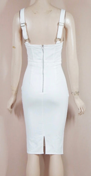 Stretch Denim Overall Midi Dress in White