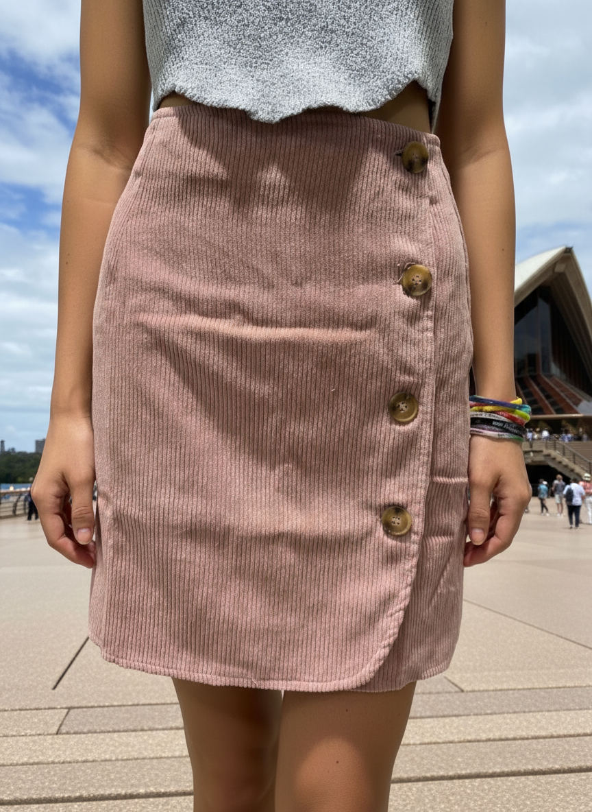 Corduroy Mini Wrap Skirt in Dusty Pink