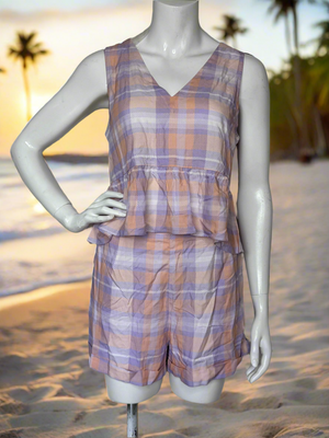 Casual Top & Shorts Set in Lilac Check Print