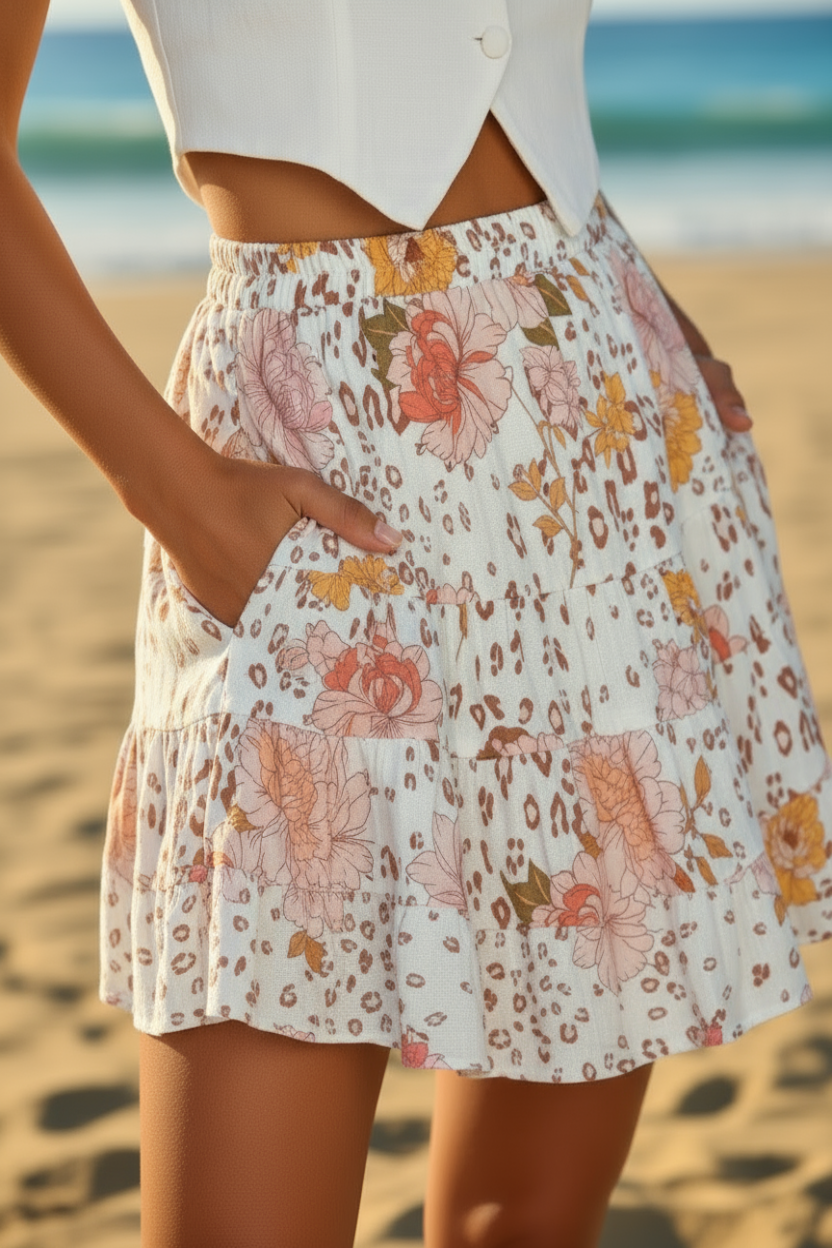 Person wearing a floral skirt on a beach