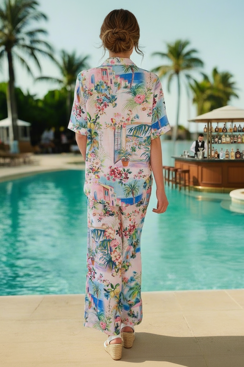 Woman in a matching floral pants and blouse set standing by a pool with palm trees in the background