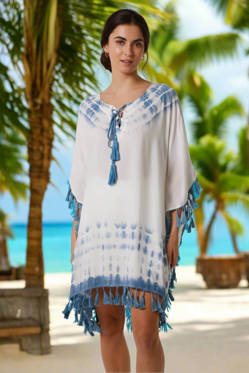 Gianna Kaftan Beach Cover Up in White & Blue