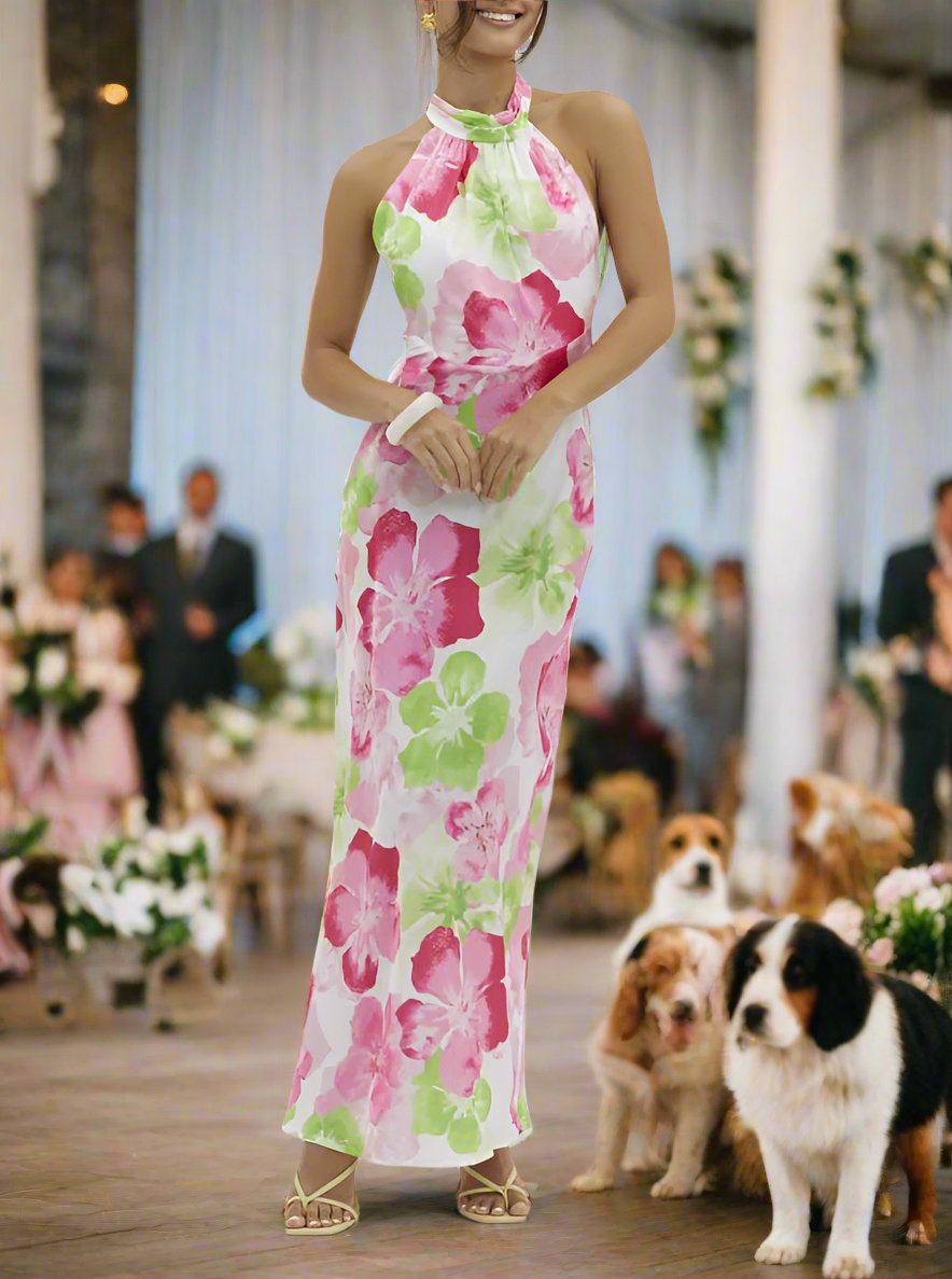 Halter Neck Maxi Cocktail Dress in Pink & Green Floral Print