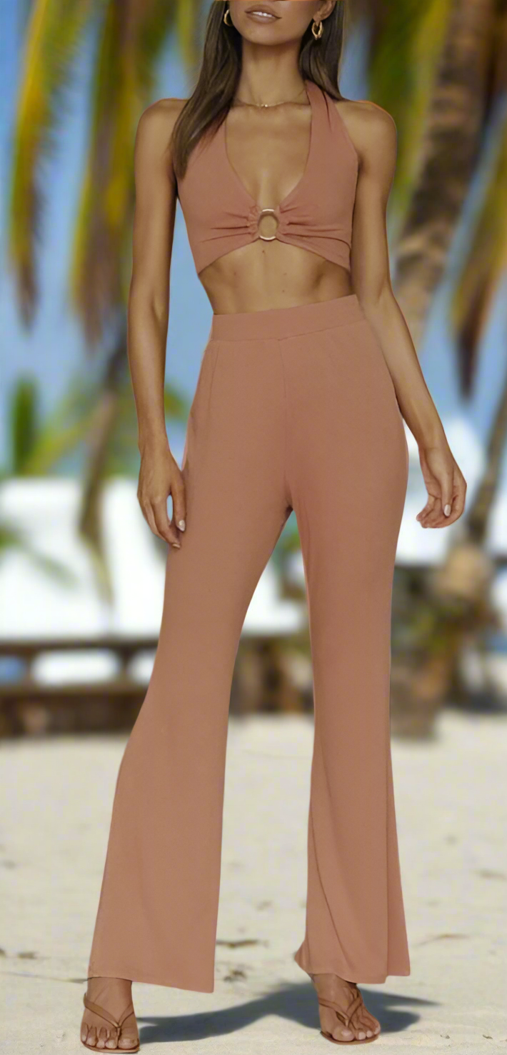 Halter Top & High Waist Pant Set in Tan