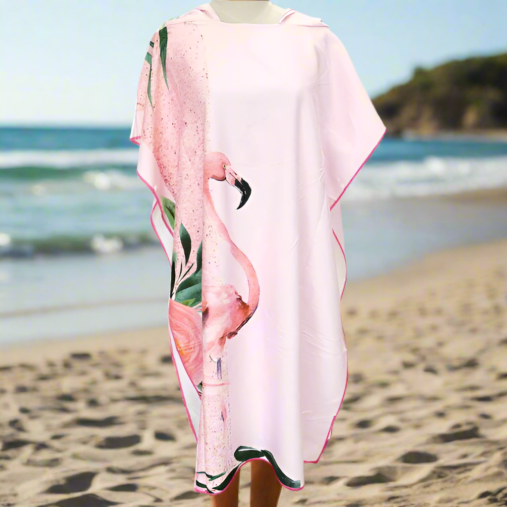 Hooded Towel Changing Robe in Pink Flamingo Print