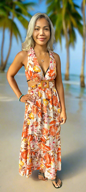 Racerback Cutout Maxi Dress in Autumn Floral Print