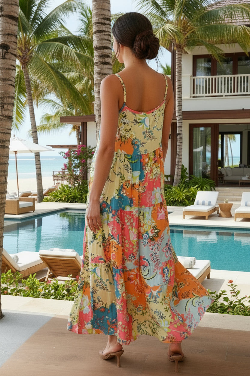 Woman in a colorful floral dress standing by a pool with palm trees and a beach house in the background.