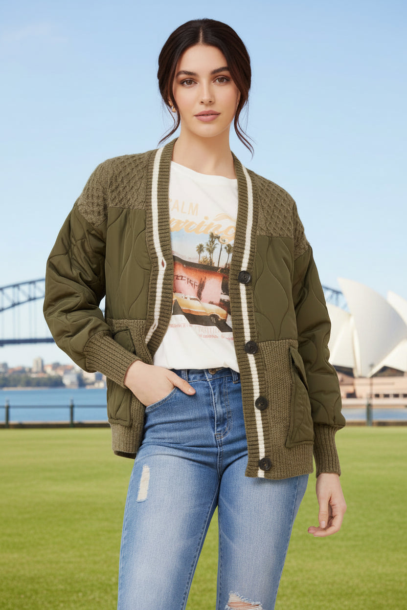Woman wearing a button down green quilted jacket, with front pockets