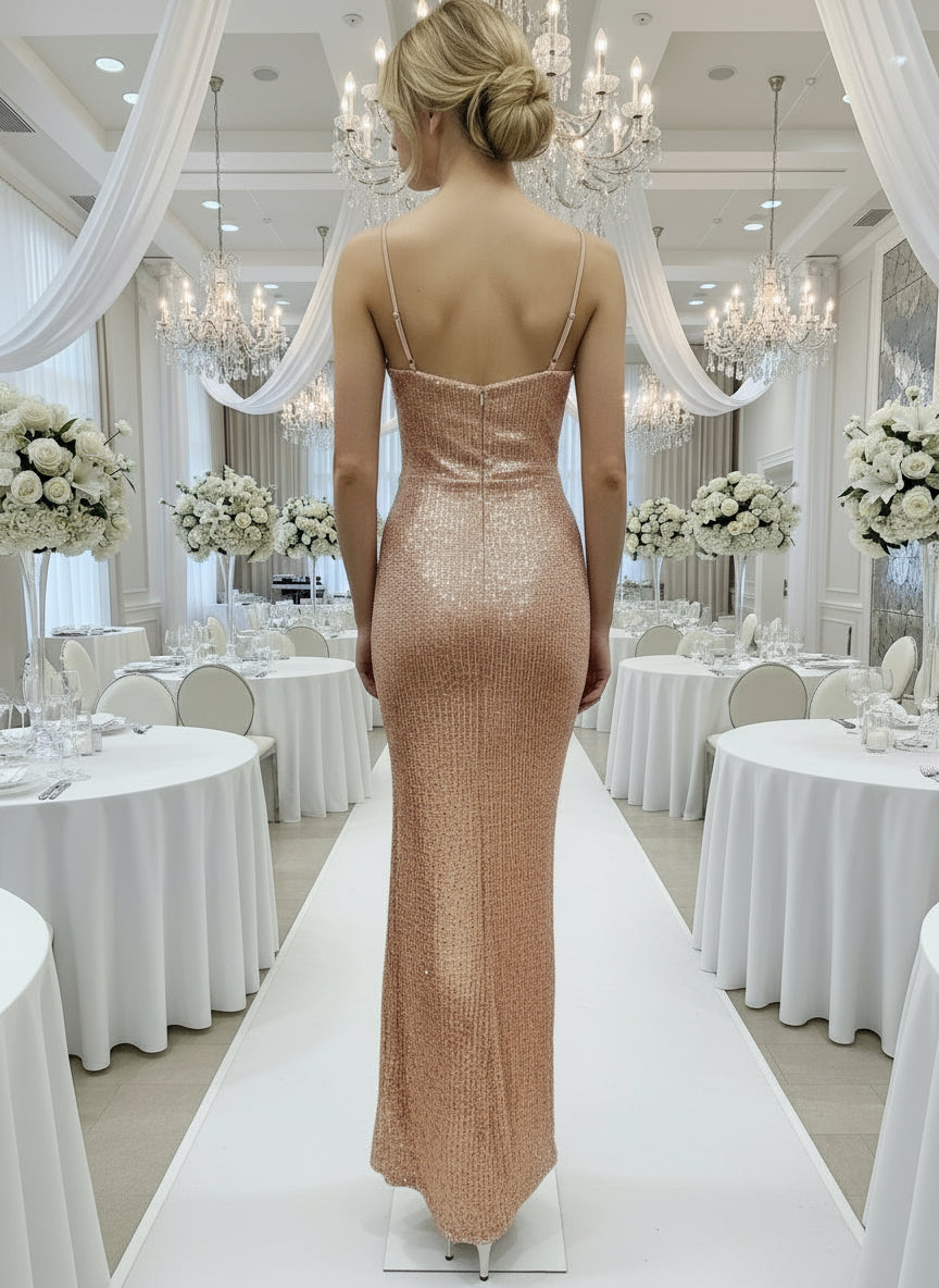 Woman in a sparkly evening gown walking down a decorated hallway with white tables and floral arrangements.