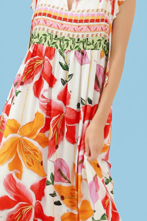 Colorful floral dress with a blue background