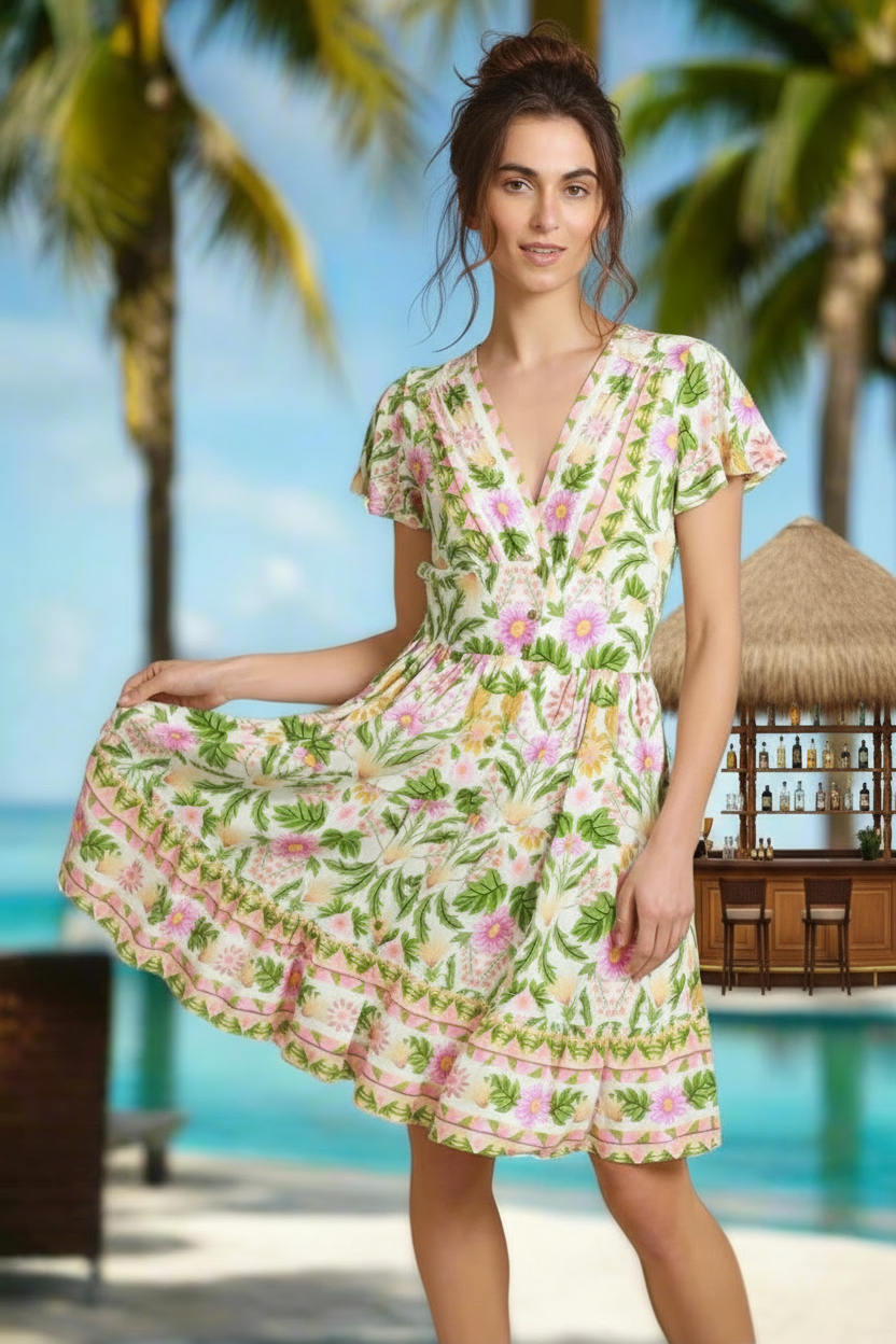 Woman in a floral dress standing by a pool with palm trees in the background