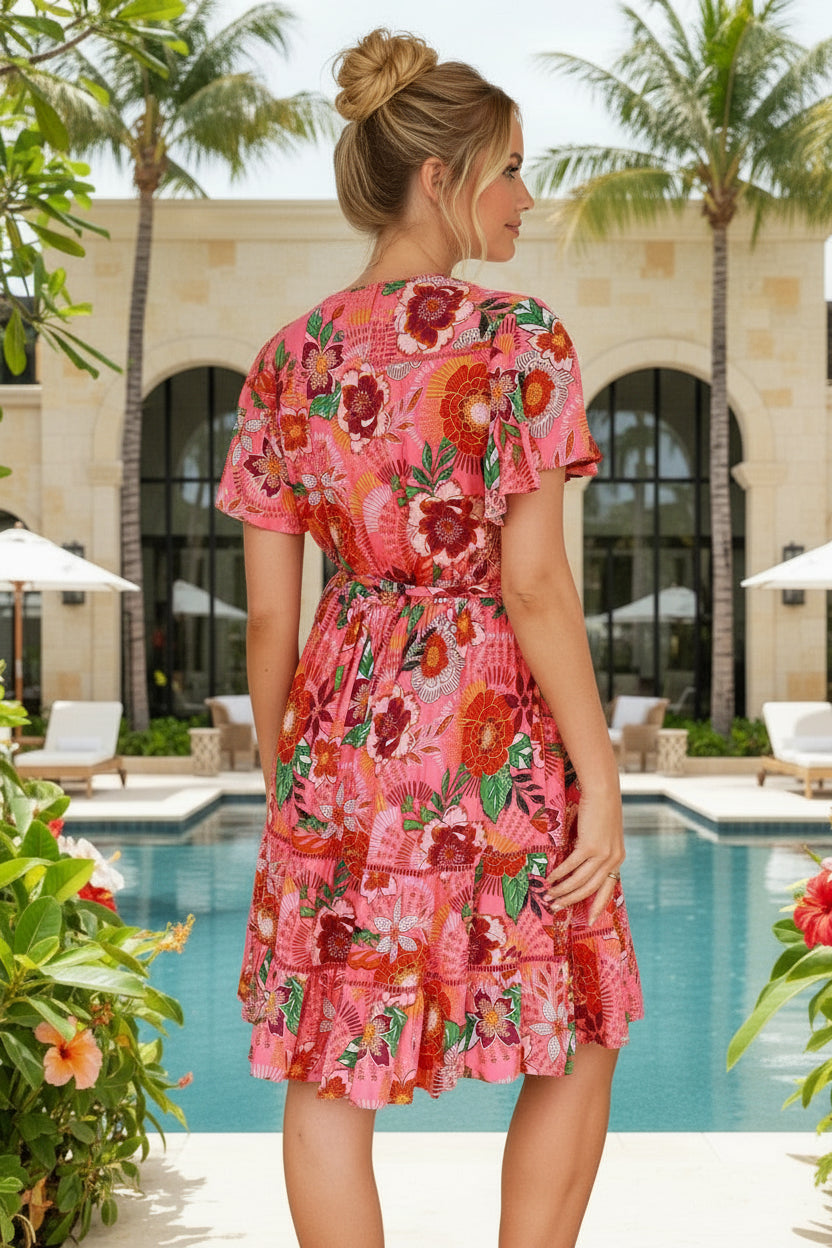 Woman in a pink floral dress standing by a pool with palm trees in the background