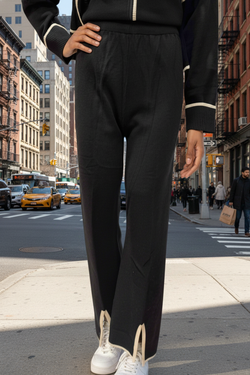 Person wearing black pants and a black jacket with white trim standing in snow.