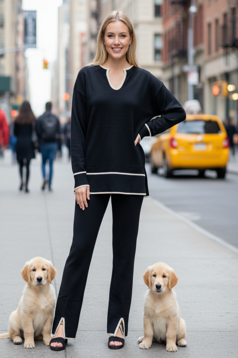 Woman in a black outfit standing on a city street with two golden retriever puppies.